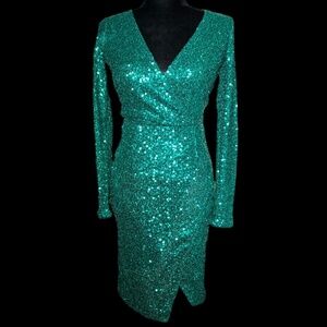 Asos - Green Sequins L/S Keyhole Dress - Size 4